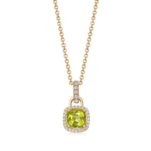 18ct Yellow Gold Mini Cushion Peridot & 0.20ct Diamond Halo Pendant