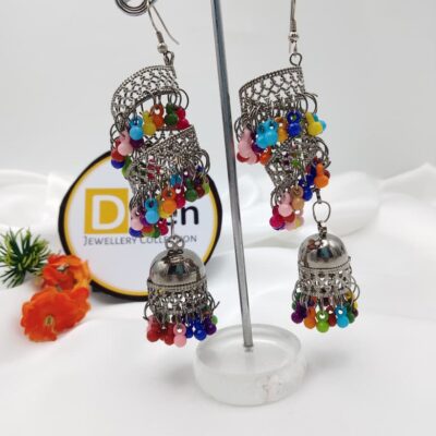 Handcrafted oxidized silver multicolor beaded jhumka earrings – long dangler ethnic jewellery for women with layered filigree design and vibrant beads, 8 cm length, 1.5 cm width – Dizen Jewellery Collection